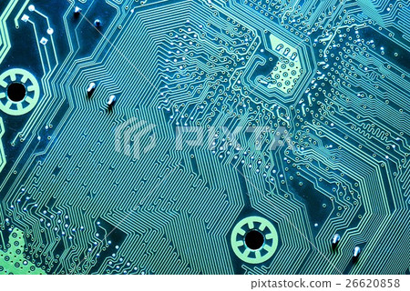 Close up of a printed blue computer circuit board Close up of a printed blue computer circuit board 26620858