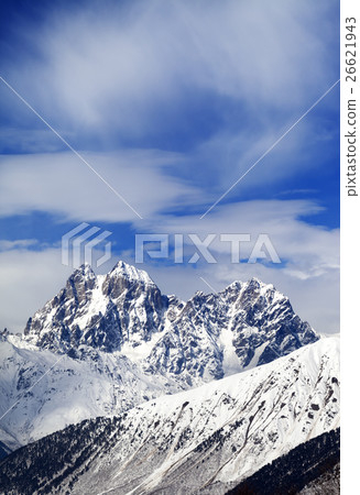 Mounts Ushba and Chatyn and blue sky with clouds Mounts Ushba and Chatyn and blue sky with clouds 26621943
