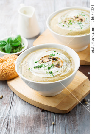 Mushroom cream soup on a table 26622321