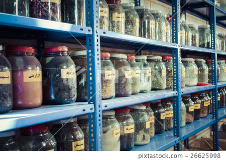 Jars of herbs and powders in a iranian spice shop. 26625998