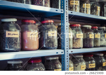 Jars of herbs and powders in a iranian spice shop. 26625999