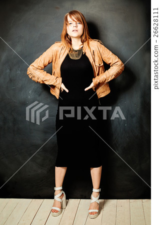Sexy Girl. Red Hair. Black Dress. Leather Jacket 26628111