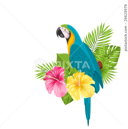 Parrot Ara, Colorful Exotic Flowers Blossom and Parrot Ara, Colorful Exotic Flowers Blossom and 26628976