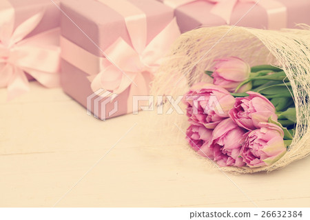 Holiday background with flowers, gift box Holiday background with flowers, gift box 26632384