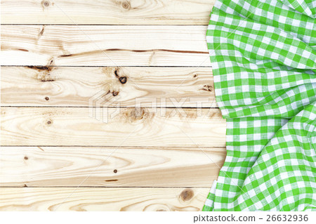 Wooden table, top view, green checkered tablecloth Wooden table, top view, green checkered tablecloth 26632936