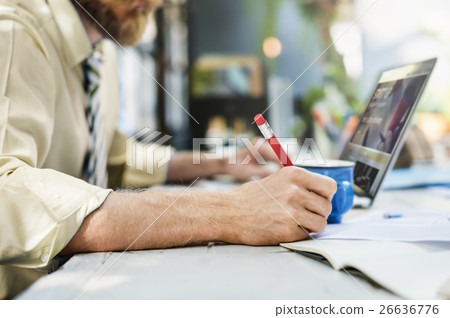 Businessman Writing Notebook Working Laptop Concept Businessman Writing Notebook Working Laptop Concept 26636776