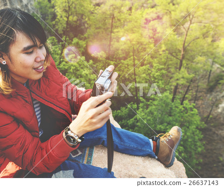 Photographer Camera Man Shooting Woods Nature Cliff Edge Concept Photographer Camera Man Shooting Woods Nature Cliff Edge Concept 26637143