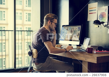 Stock Photo: Man Busy Photographer Editing Home Office Concept