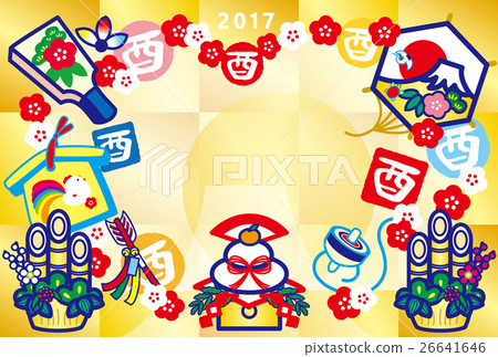 新年卡2017年採摘年Yaroku Kagami年糕Hatto板Eva Dema Armadon Kadomatsu Kite富士Tsurukame紅白梅花金 26641646