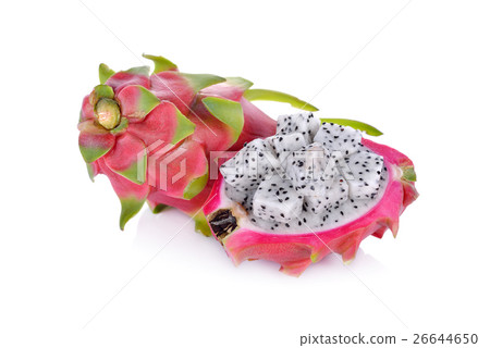 whole and cut fresh dragon fruit on white 26644650