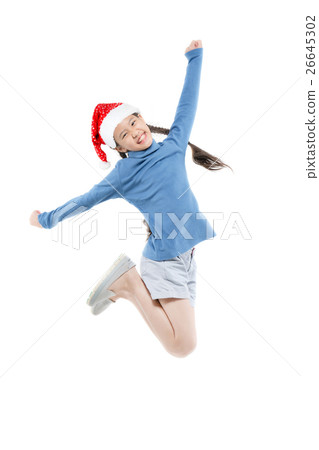 Happy Asian girl with santa hat jumping on isolate Happy Asian girl with santa hat jumping on isolate 26645302