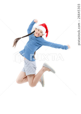 Happy Asian girl with santa hat jumping on isolate 26645303