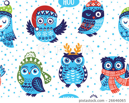Winter seamless pattern with cute owls in - Stock Illustration ...