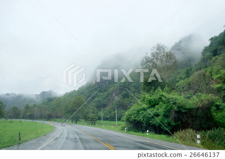 Mountain fog rainy season on road 26646137