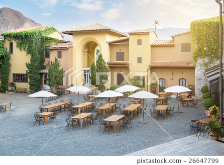 Restaurant cafe table with chair and umbrella Restaurant cafe table with chair and umbrella 26647799