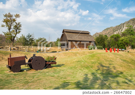 Livestock barn wooden with cart in farm Livestock barn wooden with cart in farm 26647802
