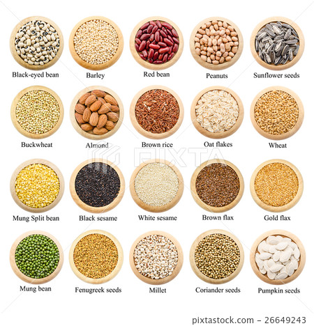 Dried grains, peas and rice collection with titles 26649243