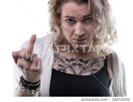 Blond angry woman showing middle finger Blond angry woman showing middle finger 26659292