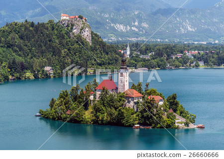 Aerial view of Lake Bled, Slovenia Aerial view of Lake Bled, Slovenia 26660666