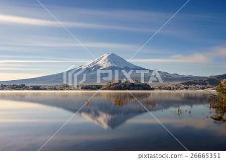 Japan travel,mt fuji and snow at Kawaguchiko lake 26665351