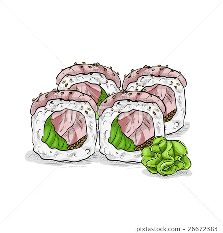 Vector sushi color sketch, Hamachi roll Vector sushi color sketch, Hamachi roll 26672383