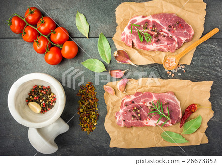 raw beef steak with spices top view raw beef steak with spices top view 26673852