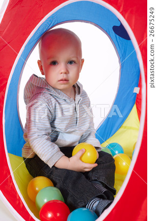 Little funny girl and boy in tent 26675249