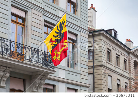 Geneva city, Switzerland.  Flag with coat of arms 26675311