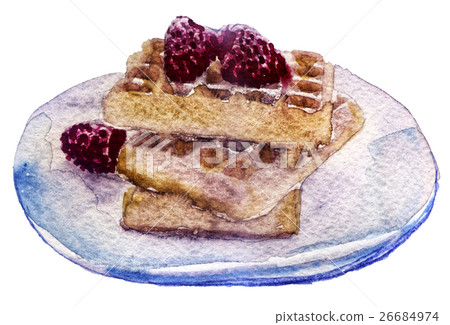 Watercolor Belgium waffles with berries on white - Stock Illustration ...
