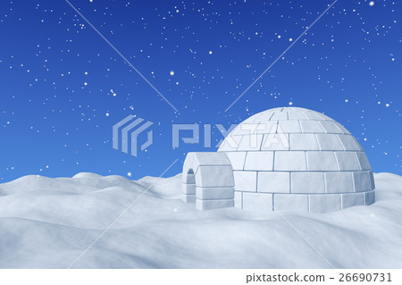 Igloo icehouse under blue sky with snowfall. 26690731