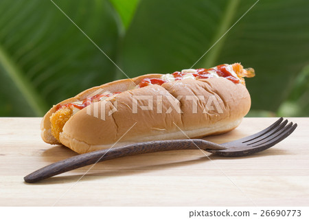 hot dog with ketchup 26690773