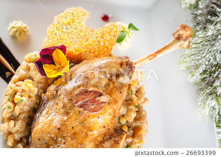 roasted duck leg with mash and sauce on plate 26693399