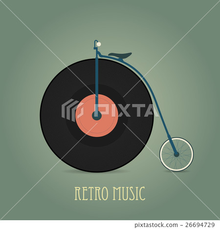 Black vinyl disk. Vintage poster. Retro music. 26694729