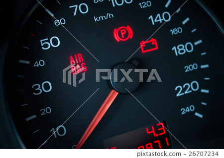 Airbag warning light. Car dashboard in closeup Airbag warning light. Car dashboard in closeup 26707234