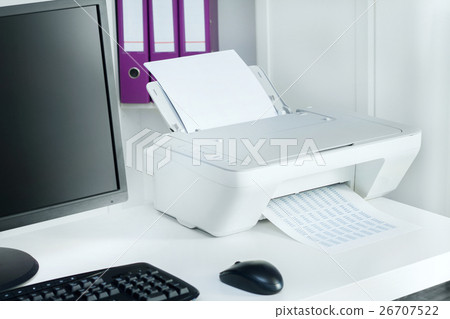 Composition of white printer and black computer 26707522