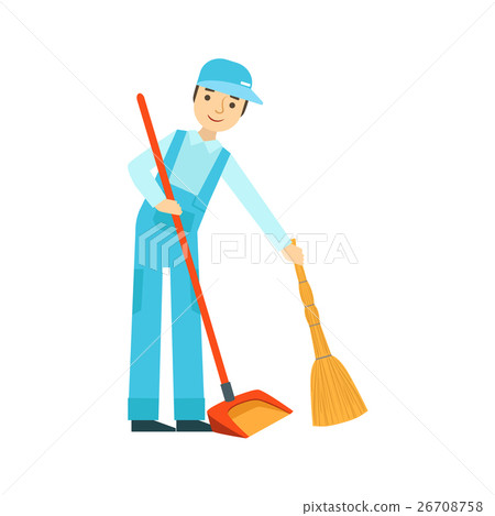 Man With Broom And Duster Sweeping The Floor 26708758