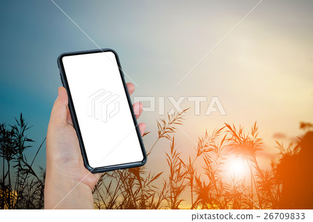 Smart phone in hand on silhouette background. 26709833