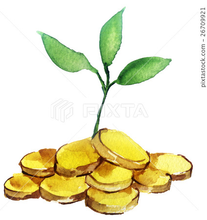 watercolor sketch sprout on the coins on white 26709921
