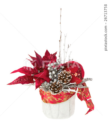 Composition from Poinsettia Plant with branches, cones, ribbons and balloons. 26713758