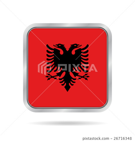 flag of Albania, shiny metallic gray square button 26716348