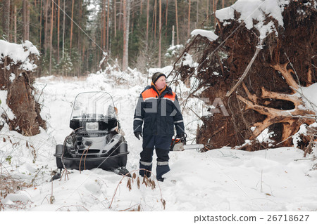 Proffesional Lumberjack hold hand saw. Winter 26718627