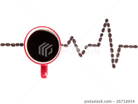 Red cup of coffee with heartbeat beans on white Red cup of coffee with heartbeat beans on white 26718934