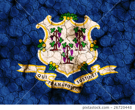 Connecticut flag closeup texture background on dry cracked soil (high resolution 3D CG rendering ∕ coloring illustration) famine drought natural disaster 26720448