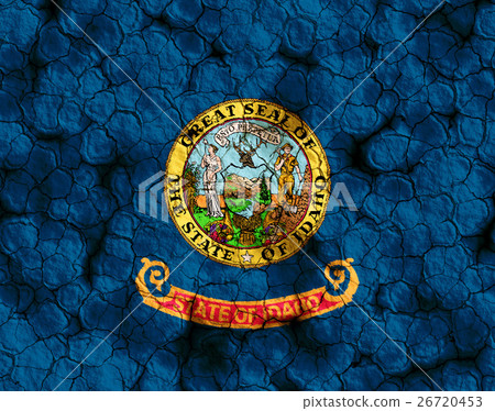 Idaho flag closeup texture background on dry cracked soil (high resolution 3D CG rendering ∕ coloring illustration) famine drought natural disaster 26720453