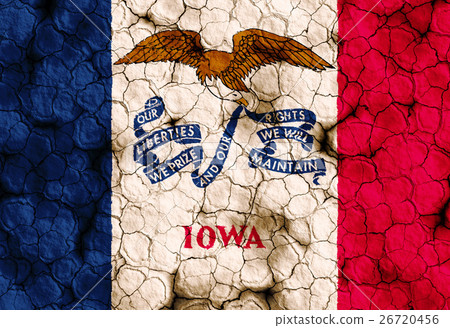 Iowa flag closeup texture background on dry cracked soil (high resolution 3D CG rendering ∕ coloring illustration) famine drought natural disaster Iowa flag closeup texture background on dry cracked soil (high resolution 3D CG rendering ∕ coloring illustration) famine drought natural disaster 26720456