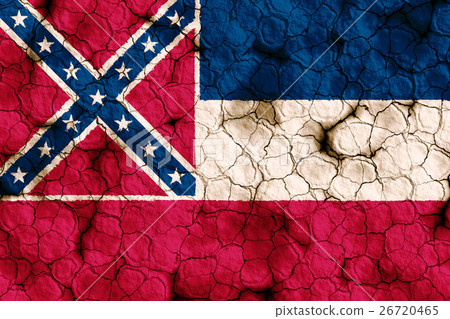 Mississippi flag on dry cracked soil closeup texture background (high resolution 3D CG rendering ∕ coloring illustration) famine drought natural disaster 26720465