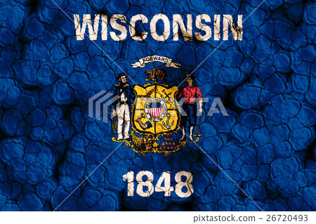 Wisconsin State Flag Closeup Texture Background on Dry Cracked Soil (High Resolution 3D CG Rendering ∕ Coloring Illustration) Famine Drought Natural Disaster 26720493