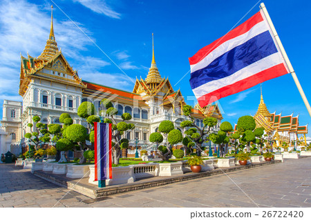 Grand palace with blue sky and thai flag foreground 26722420