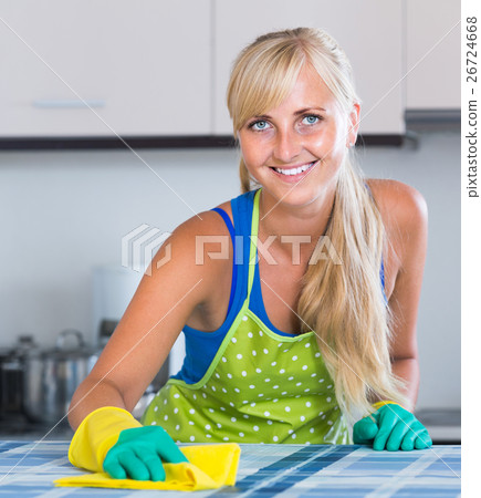 housewife in apron with rag and cleanser cleaning up housewife in apron with rag and cleanser cleaning up 26724668