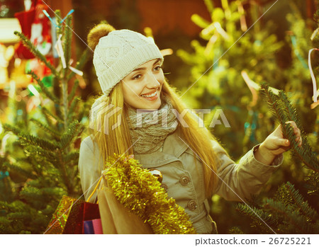 Young cheerful woman buying Xmas tree at festive fair Young cheerful woman buying Xmas tree at festive fair 26725221